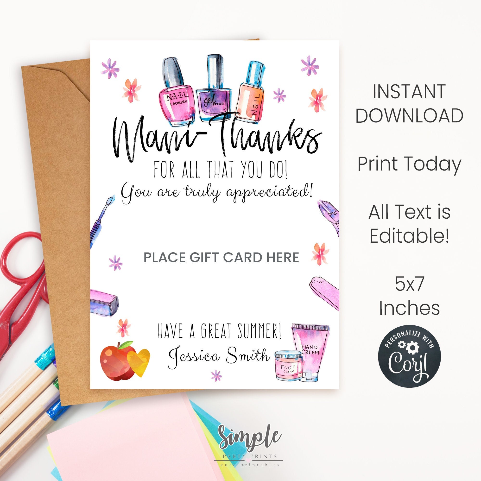 Printable Manicure Gift Card Holder Teacher Appreciation - Etsy