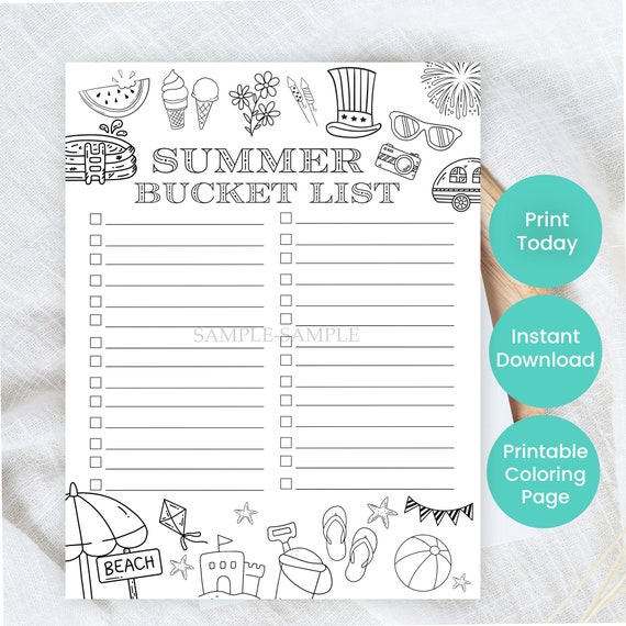 Summer Coloring Page | Kids Activity | Printable Summer Bucket List for Children | Simple Things for Kids | DIY Checklist | Print at Home