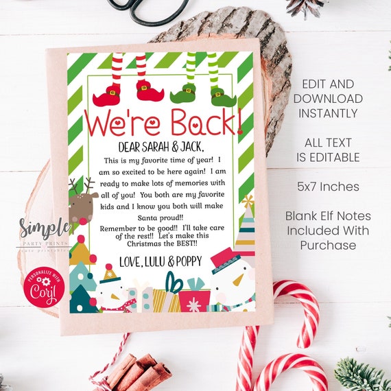 Elf on the Shelf Printable Letter, We're Back Editable, Christmas Elf on the Shelf Notes, Goodbye Letter, Instant Download, Edit with Corjl Il_570xn
