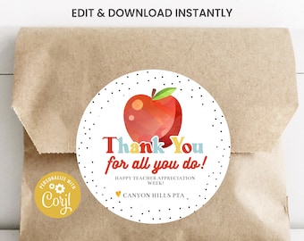 Teacher Appreciation Week Tags, Printable Circle Apple Thank You Favor Tag,  Editable End of Year Gifts for Volunteers, Print At Home Label
