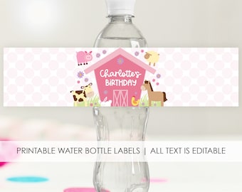 Petting Zoo Animal Water Bottle Label| Editable Pink Farm Barnyard Decorations | Kid Barnyard Party Drink Labels | DIY Instant Download