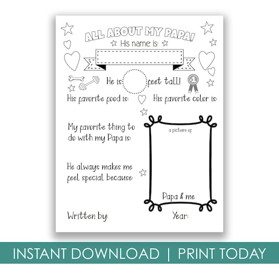 Printable All About My Papa Coloring Page, Gifts from kids for Father's Day or Birthday, Cards for Papa, DIY Crafts, Facts Sheet, D5 Il_570xn
