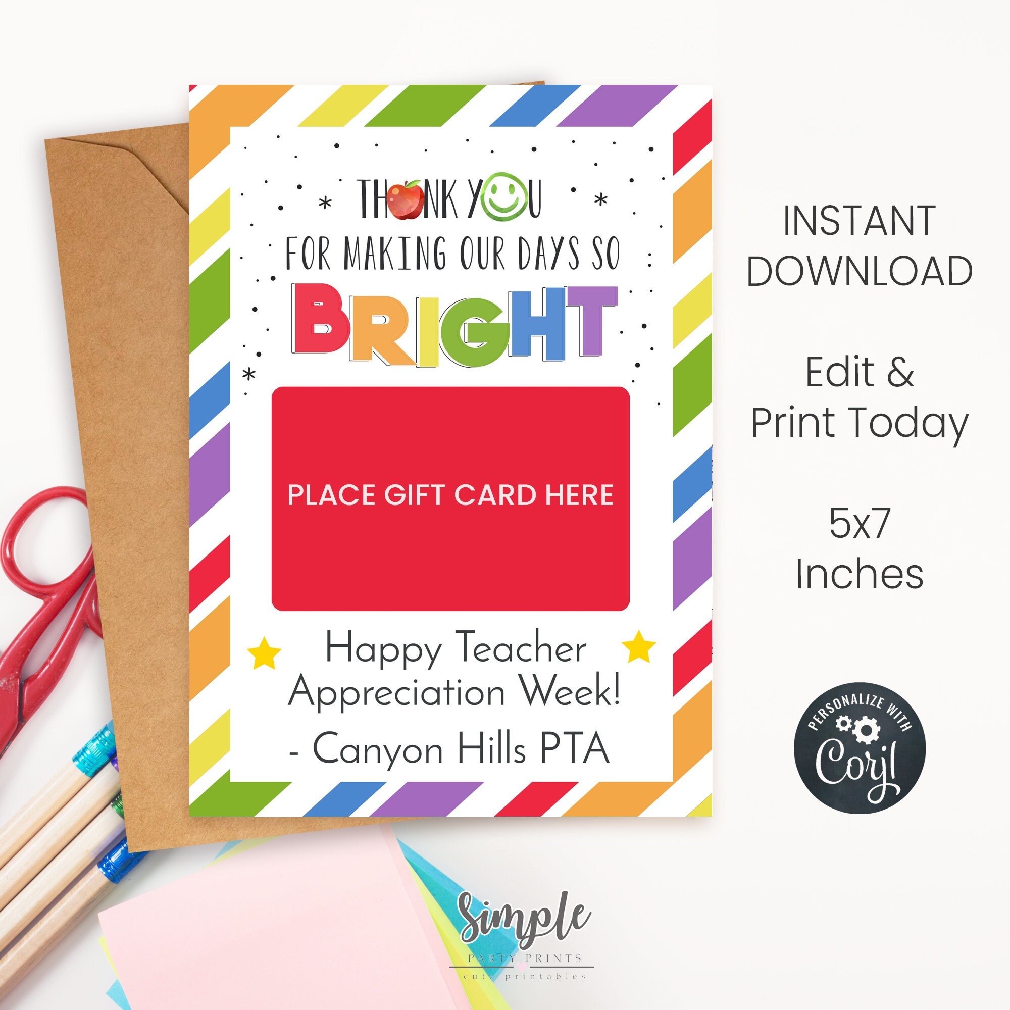 Printable Teacher Appreciation Gift Card Holder, Colorful Rainbow Theme ...