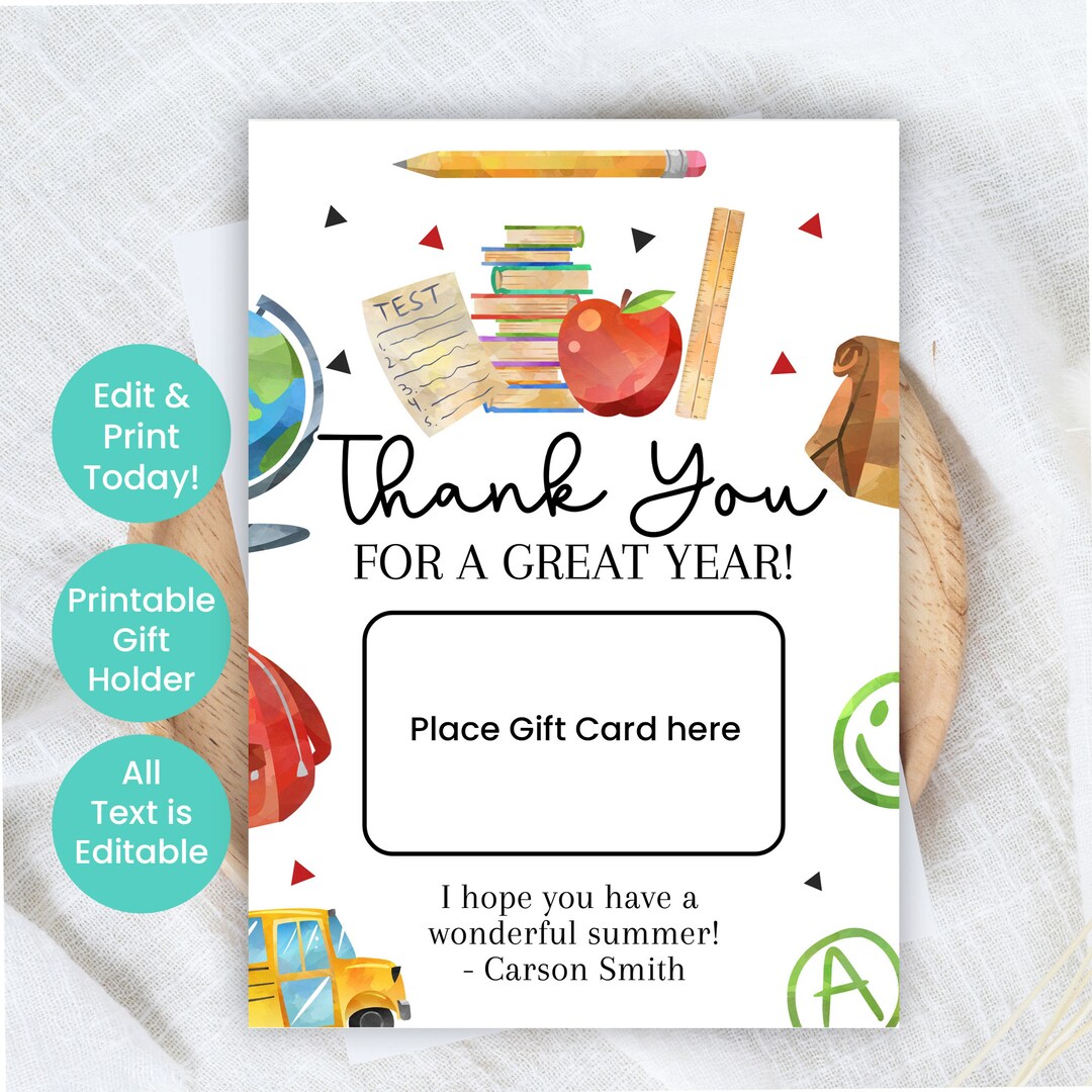 Teacher Gift Card Holder, End of Year Gifts for Teachers, Printable ...