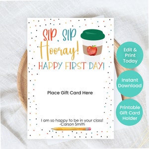 primeiro dia de aula porta-cartão-presente | Presentes editáveis para professores de primeiro dia feliz | Cartões-presente para impressão | Café do 1º dia de aula | BTS