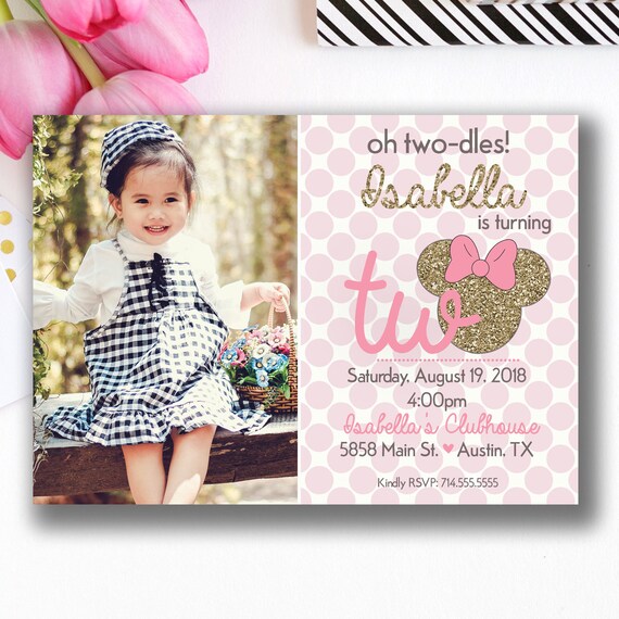 Minnie Mouse Oh Twodles Birthday Invitations | Polka Dots Girls Party Invitation | Gold and Pink | Oh Toodles | Picture | Photo | 2nd Second Il_570xn