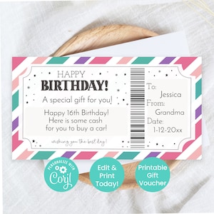 Vale de regalo de cumpleaños editable, Plantilla de certificado de cumpleaños imprimible, Ideas de regalos personalizados para adolescentes, Regalos para adolescentes, Porta dinero V5