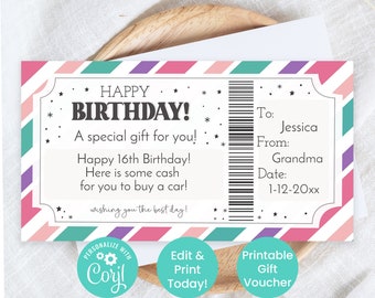 Editable Birthday Gift Voucher, Printable Bday Certificate Template, Custom Gift Ideas For Teenagers, Presents for Teens, Money Holder V5