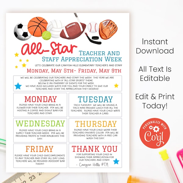 Editable All-Star Teacher Appreciation Instructions Template, Printable Sports Themed Flyer, Personalized All Star Instant Download, DIY