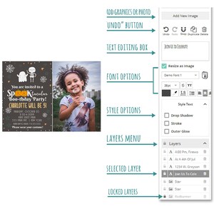 May include: A computer screen showing a graphic design program with a black and white invitation for a child's birthday party. The invitation features a ghost and skeleton with the text "You are invited to a Spooktacular Boo-thday Party! Charlotte will be 51". The screen also shows a photo of a young girl, a text editing box, font options, style options, a layers menu, a selected layer, and locked layers.