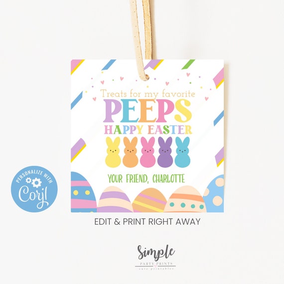 Printable Happy Easter Gift Tag, Personalize with Corjl, Easter Peep Treats Gift Tags, Editable Instant Download Easter Tag, Easter Egg Tag Il_570xn