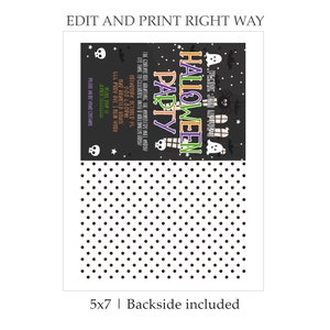 May include: Printable Halloween party invitation with a black background and colorful graphics. The text reads "Halloween Party" and includes details about the party, such as the date, time, and location. The back of the invitation features a black and white polka dot pattern.