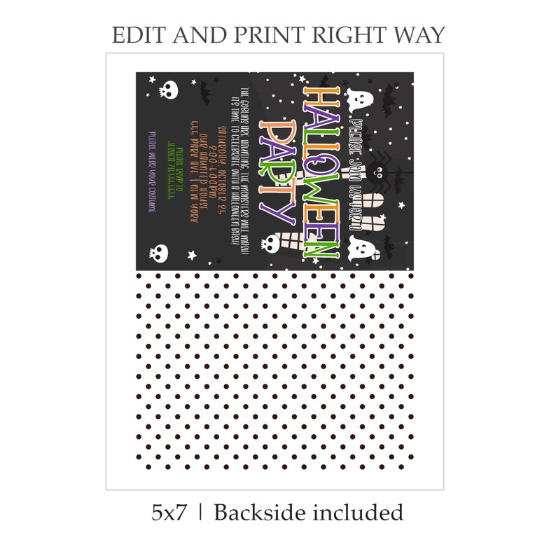 May include: Printable Halloween party invitation with a black background and colorful graphics. The text reads "Halloween Party" and includes details about the party, such as the date, time, and location. The back of the invitation features a black and white polka dot pattern.