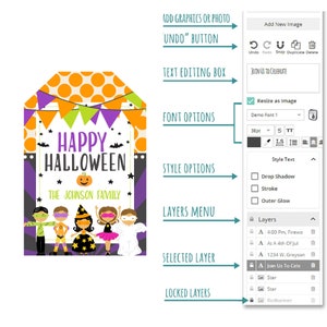 May include: A digital design template for a Halloween party invitation. The template features a purple, orange and black colour scheme with a banner that says "Happy Halloween" and "The Johnson Family". The template also includes a group of children dressed in Halloween costumes.