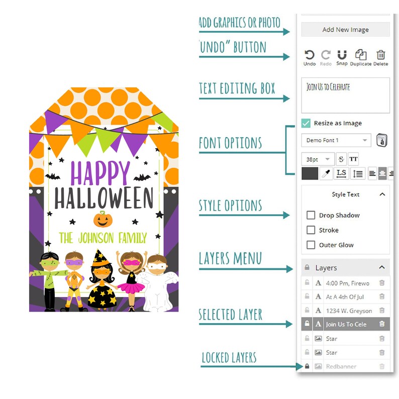 May include: A digital design template for a Halloween party invitation. The template features a purple, orange and black colour scheme with a banner that says "Happy Halloween" and "The Johnson Family". The template also includes a group of children dressed in Halloween costumes.