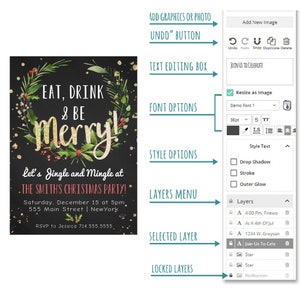 May include: A digital invitation for a Christmas party with a chalkboard background, gold glitter, and a green wreath with red berries. The text reads "Eat, Drink & Be Merry! Let's Jingle and Mingle at The Smith's Christmas Party! Saturday, December 15 at 5pm 555 Main Street | NewYork RSVP to Jessica 714.555.5555".