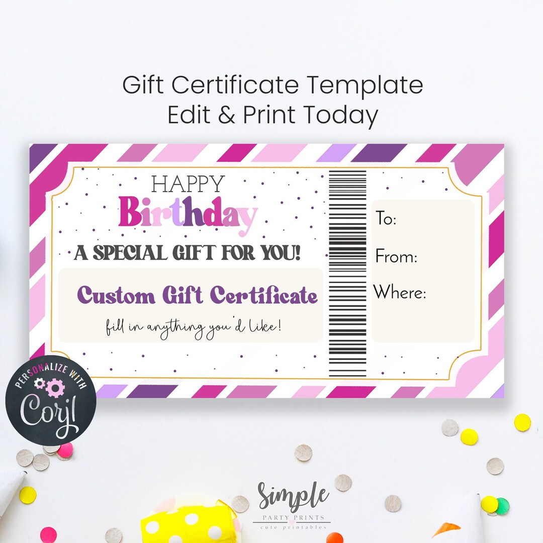 Printable Happy Birthday Voucher Template, Purple Pink and White Gift ...