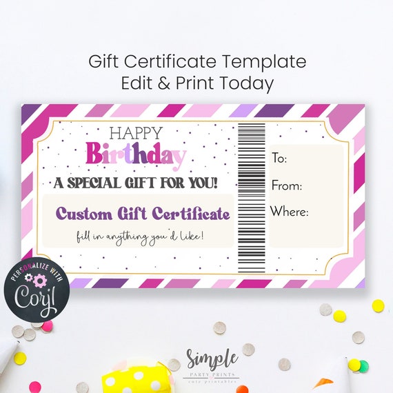 Printable Happy Birthday Voucher Template, Purple Pink and White Gift