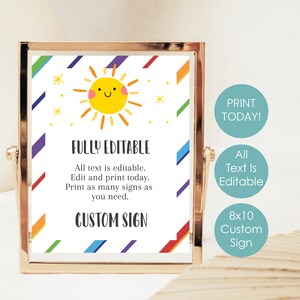 Puede incluir: Un cartel personalizado imprimible de 20,3 x 25,4 cm con una alegre ilustración de sol y rayas de colores. El texto dice "FULLY EDITABLE. All text is editable. Edit and print today. Print as many signs as you need. CUSTOM SIGN. PRINT TODAY! All Text Is Editable. 8x10 Custom Sign."