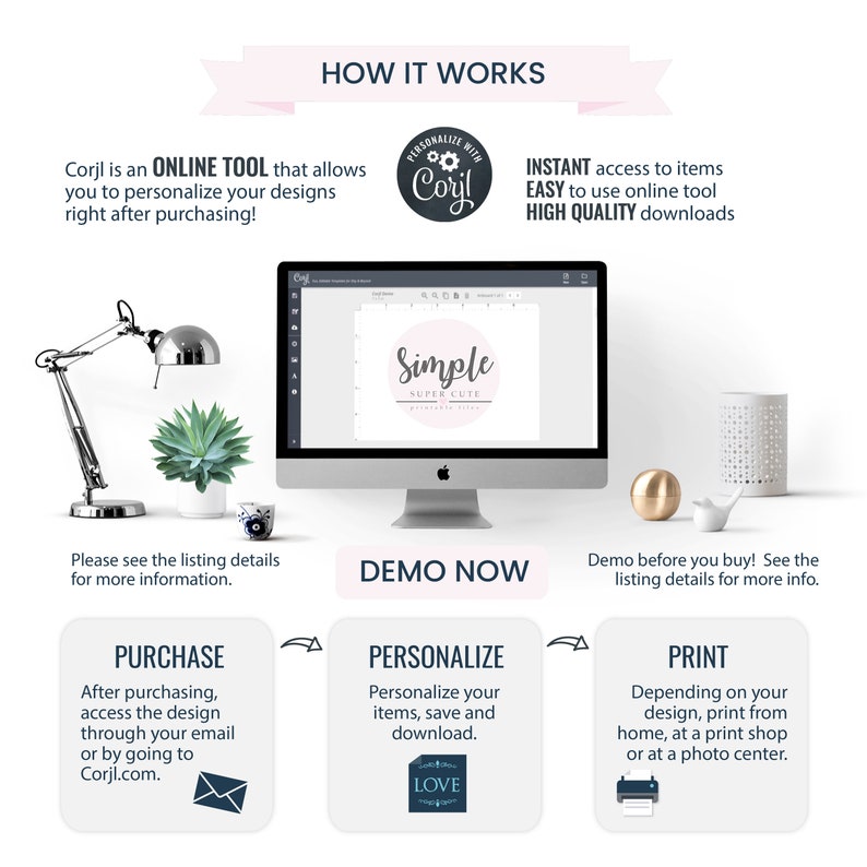 May include: A graphic showing how to use Corjl, an online tool to personalize designs. The graphic shows a computer screen with a design that says "Simple Super Cute". The graphic also shows three steps: Purchase, Personalize, and Print.