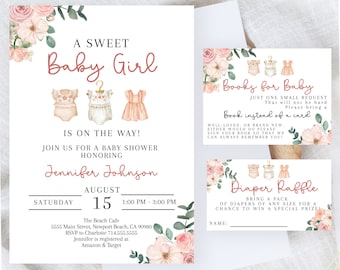 Baby Girl Shower Invitation Sweet Floral Pink Invite A Sweet Girl Is On The Way Watercolor Flowers Editable Printable Download SGirl5
