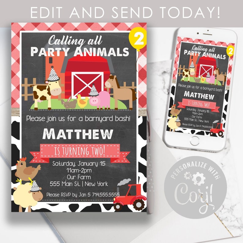 May include: A birthday invitation with a farmyard theme. The invitation features cartoon farm animals, a red barn, and the text "Calling all PARTY ANIMALS." The invitation is for a child named Matthew, who is turning two.