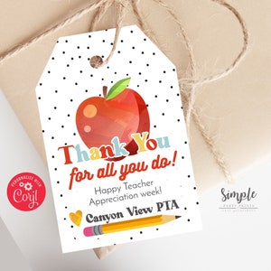 Editable Teacher Appreciation Tags, School Themed Tags, Printable Apple Favor Gift Tag, End of the School Year, Last Day, Instant Download