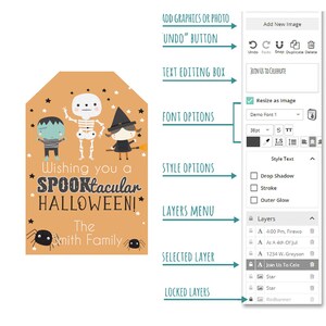 Pu&ograve; includere: Un modello di design digitale per un'etichetta regalo di Halloween con uno scheletro, una strega e un mostro con il testo "Wishing you a SPOOKtacular HALLOWEEN! The Smith Family".