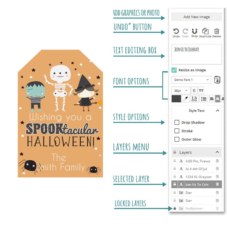 Pu&ograve; includere: Un modello di design digitale per un'etichetta regalo di Halloween con uno scheletro, una strega e un mostro con il testo "Wishing you a SPOOKtacular HALLOWEEN! The Smith Family".