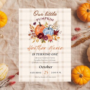 Pumpkin Patch Birthday Invitation: Fall Floral, Girl&#39;s First Birthday (Digital Canva Download)
