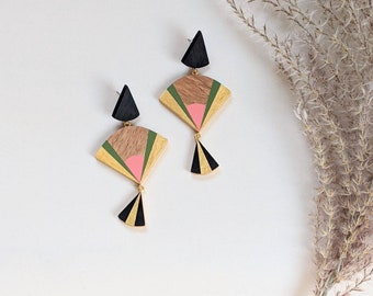 Statement Abstract Art Deco Earrings - Handmade Wooden Jewellery - Unique Eco Friendly Jewellery - Unusual Hand Painted Earrings