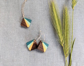 Handmade Wooden Jewellery Set - Necklace and Earrings - Geometric Mini Pendant- 5th Wedding  Anniversary Jewellery - Eco Gift for Her