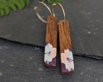 Hand Painted Wooden Earrings - Wooden Hoop Earrings - Geometric Earrings - 5th Wedding Anniversary - Gift for Her - Lightweight Earrings