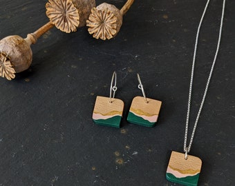 Handmade Wood Jewellery Set - Landscape Necklace and Earrings - Travel gift for Her - 5th  Anniversary Jewellery - Green Pink Gold Jewellery