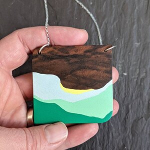 Hand Painted Wooden Pendant Wooden Necklace Wanderlust Pendant 5th Wedding Anniversary Gift landscape jewellery Gift for Her image 2