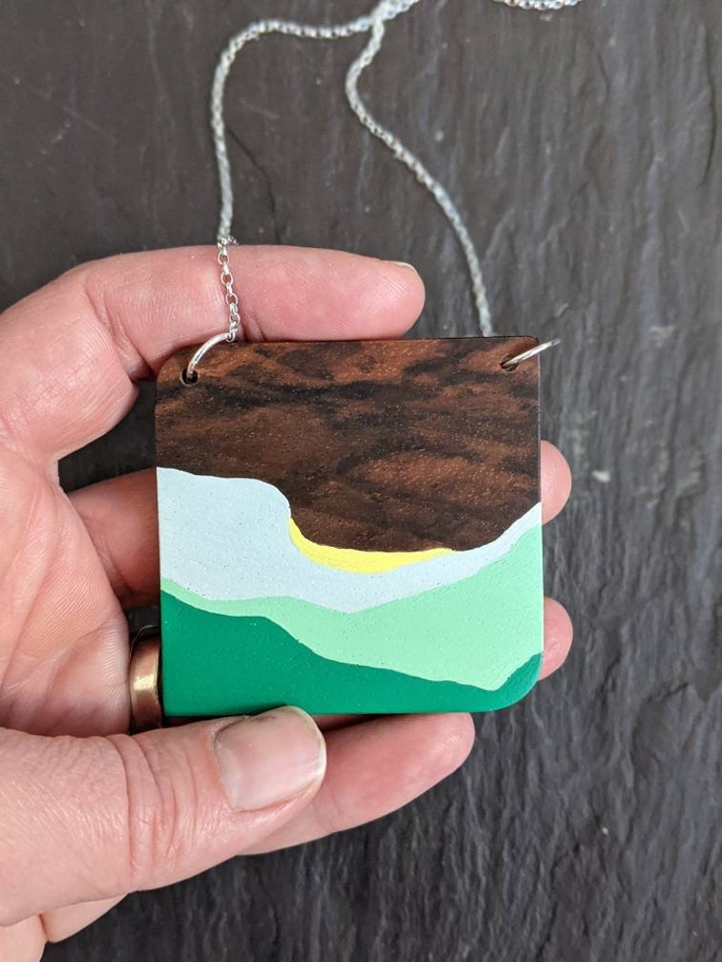 Hand Painted Wooden Pendant Wooden Necklace Wanderlust Pendant 5th Wedding Anniversary Gift landscape jewellery Gift for Her image 2