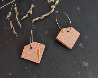 Precious - Diamond Shaped Art Earrings - hand Illustrated Jewellery - Geometric Wooden Earrings - 5th Wedding Anniversary Gift for her -