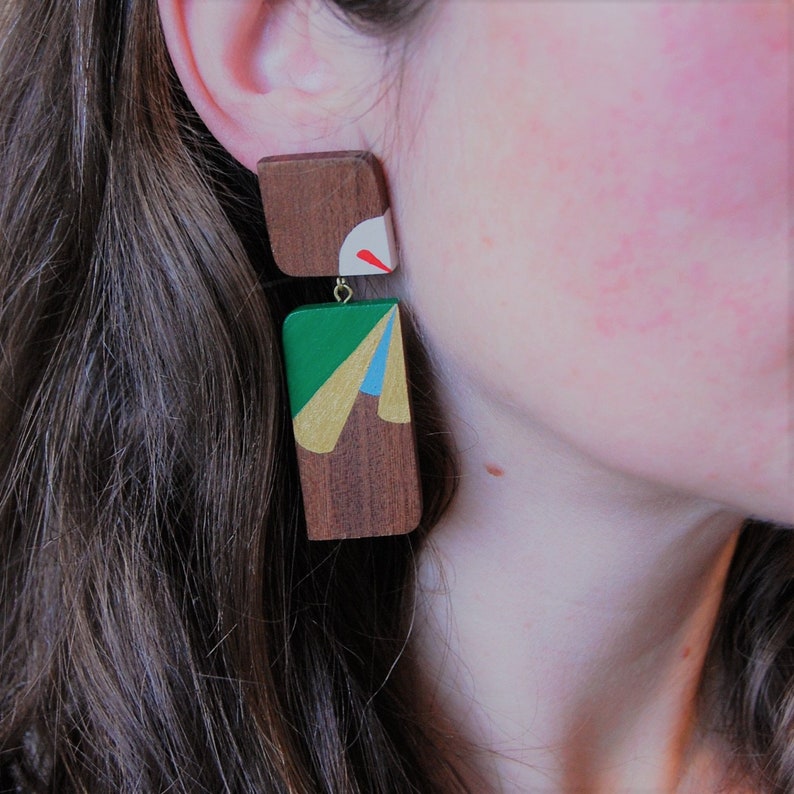 Statement Abstract Art Earrings Handmade Wooden Jewellery Unique Eco Friendly Jewellery Unusual Hand Painted Earrings image 7