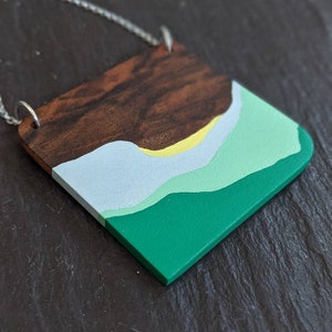 Hand Painted Wooden Pendant Wooden Necklace Wanderlust Pendant 5th Wedding Anniversary Gift landscape jewellery Gift for Her image 3