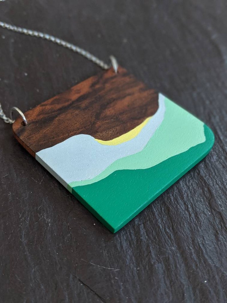 Hand Painted Wooden Pendant Wooden Necklace Wanderlust Pendant 5th Wedding Anniversary Gift landscape jewellery Gift for Her image 3