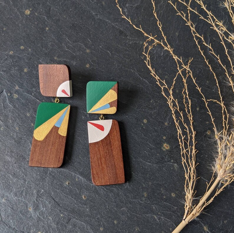 Statement Abstract Art Earrings Handmade Wooden Jewellery Unique Eco Friendly Jewellery Unusual Hand Painted Earrings image 1