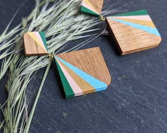 Geometric Art Deco Statement Earrings - Hand Crafted Wooden Jewellery - Handmade Wooden Earrings - Hand Painted Dangle and Drop Earrings