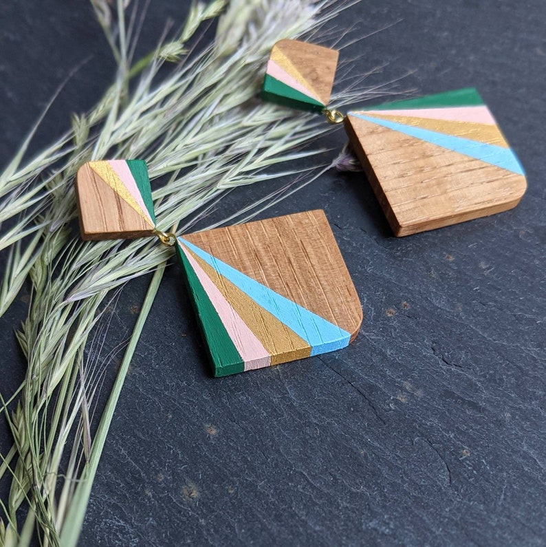 Geometric Art Deco Statement Earrings Hand Crafted Wooden Jewellery Handmade Wooden Earrings Hand Painted Dangle and Drop Earrings image 1