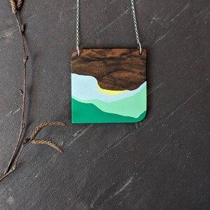 Hand Painted Wooden Pendant Wooden Necklace Wanderlust Pendant 5th Wedding Anniversary Gift landscape jewellery Gift for Her image 5