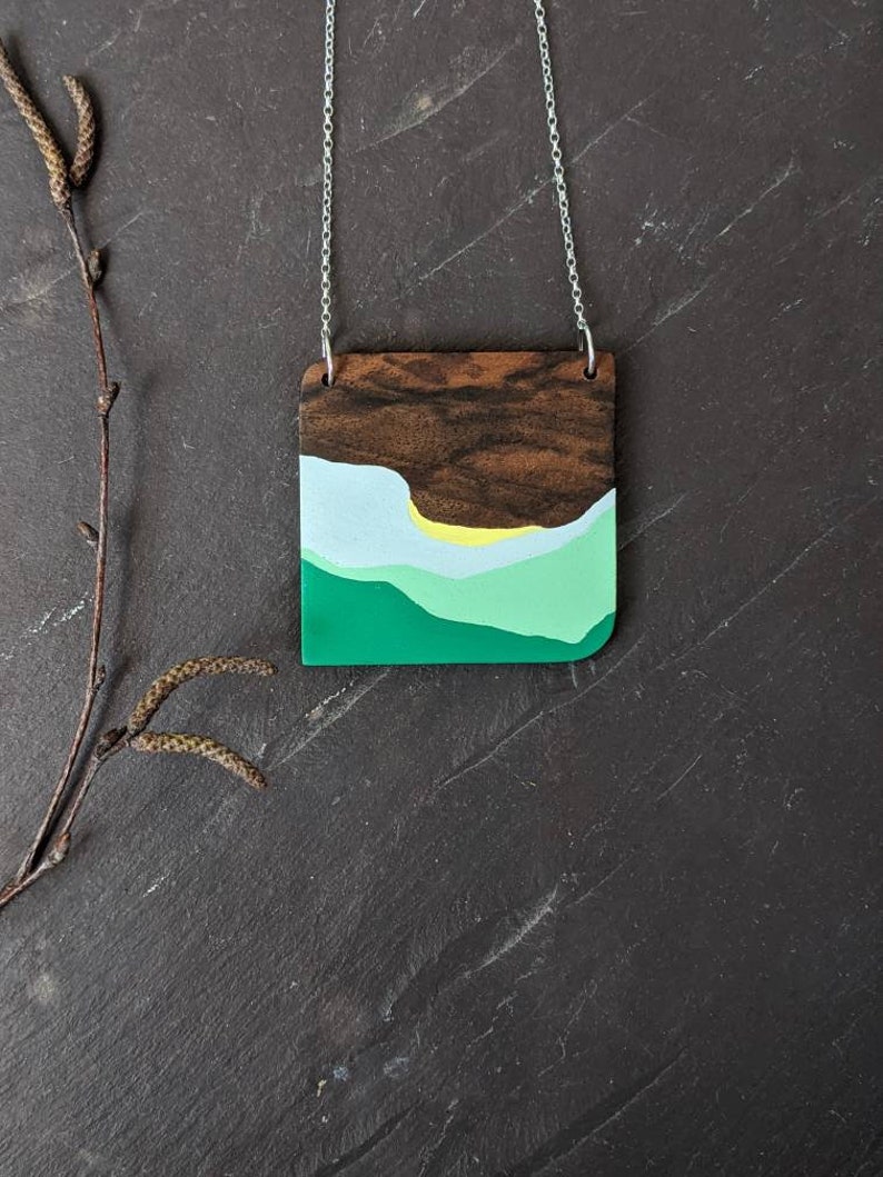 Hand Painted Wooden Pendant Wooden Necklace Wanderlust Pendant 5th Wedding Anniversary Gift landscape jewellery Gift for Her image 5