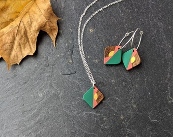 Handmade Sunset Jewellery Set - Necklace and Earrings - Geometric Wooden Pendant- 5th Wedding  Anniversary Jewellery - Eco Gift for Her