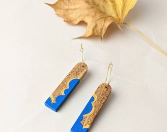 Hand Painted Cloud Earrings - Blue and Gold Cloud Earrings - Hand Crafted Wooden Dangle Earrings - 5th Wedding Anniversary Gift
