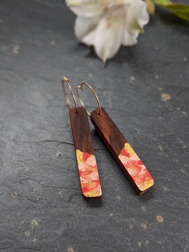 Handmade Red and Gold Earrings Wooden Hoop Earrings 5th Wedding Anniversary Gift Gifts for Her Unique Dangle Earrings image 1