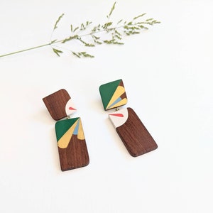 Statement Abstract Art Earrings Handmade Wooden Jewellery Unique Eco Friendly Jewellery Unusual Hand Painted Earrings image 3