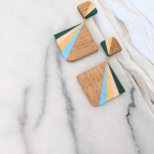 Geometric Art Deco Statement Earrings Hand Crafted Wooden Jewellery Handmade Wooden Earrings Hand Painted Dangle and Drop Earrings image 2